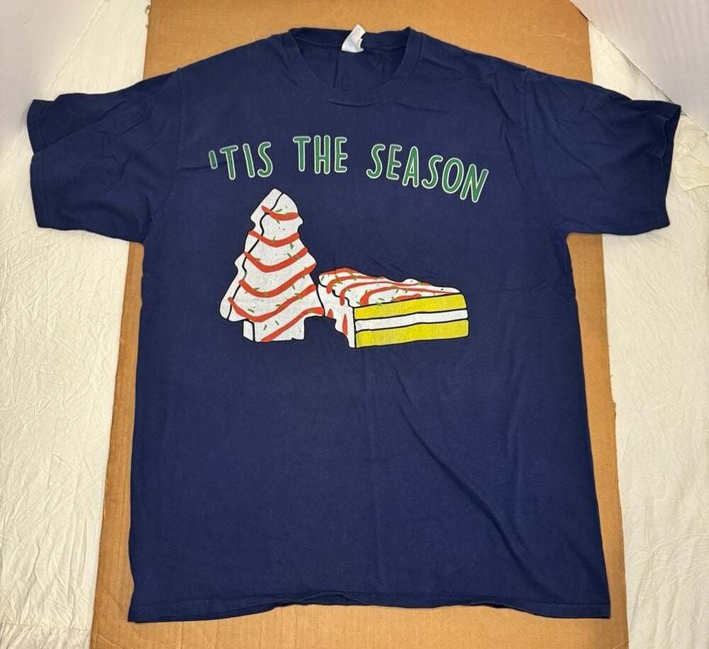 Port & Company Tis The Season Christmas Tree Cake Graphic T-Shirt Navy Blue